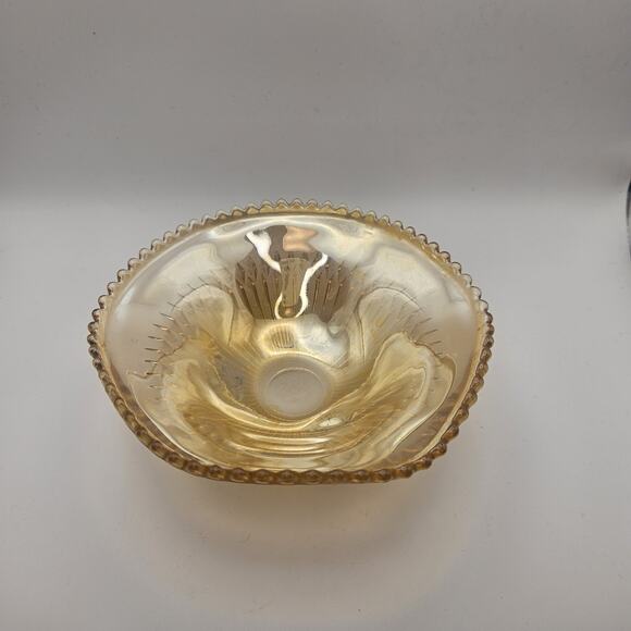 Vtg Carnival Glass Candy Dish Amber Three Footed Beaded Rim Diamond Pointed Ribs - Picture 2 of 6
